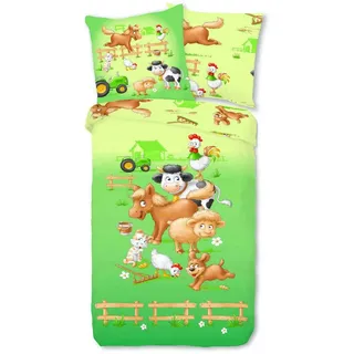 ESPiCO Kinderbettwäsche Farm, Renforcé, 2 teilig, Digitaldruck, Bauernhof, Hund, Katze bunt|grün