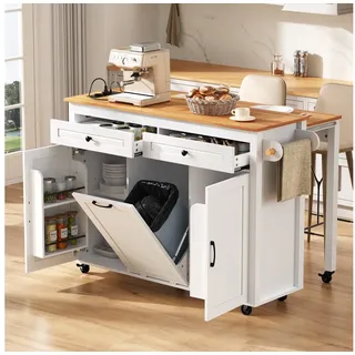 Merax Servierwagen Kücheninsel Sideboard, auf Rollen, Ausziehbarer Essbereich, (1 St), Abfallbehälterfach, Steckdosenleisten, Küche, Esszimmer weiß