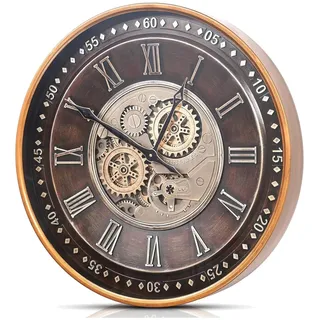 Samilito Wanduhr XXL 60 cm mit beweglichen Zahnrädern, Industrial Steampunk Vintage Metall-Uhr, Römische Ziffern, Antik-Gold, leises Quarzwerk, Deko für Wohnzimmer, Büro
