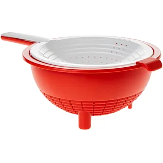 Generisch TW Saladin Multisieb Rot Weiß – Praktisches Doppel-Sieb für Küche & Camping – Abgießsieb für Gemüse, Nudeln und Salat – Platzsparendes Küchensieb (inkl. Geschenk-Artikel)
