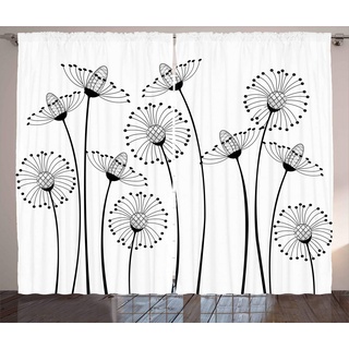 ABAKUHAUS Floral Rustikaler Vorhang, Meadows, Wohnzimmer Universalband Gardinen mit Schlaufen und Haken, 280 x 175 cm, Weiß Schwarz