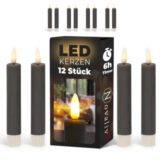 Stabkerzen LED mit Timer GRAU 12 Stück indoor 6 Stunden ECHTWACHS 15cm Höhe für Kerzen 2,2cm Durchmesser 2 AAA Batterien notwendig LED Stabkerzen 4er Set GRAU (drei Mal) bewegliche Flamme Licht