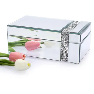 Tolida Verspiegelte Schmuckschatulle mit silbernen zerkleinerten Diamanten, Glas-Schmuckkästchen mit schwarzem Innensamt, für Halsketten, Ohrringe, Ringe, Aufbewahrungsbox für Kommode, Desktop-Party,