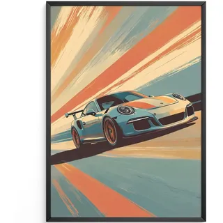 MJ-GRAPHICS® Auto Kunstdruck dynamisch Wandbild Retro Poster Farben Straße Wohnzimmer Deko Vintage Stil Geschwindigkeit Motorsport Küche Büro Wanddeko A3 ohne Rahmen