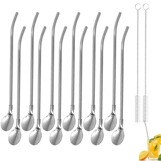 12 Stück Strohhalm Löffel,2 in 1 Trinkhalme Löffel Edelstahl,Wiederverwendbare Strohhalme Löffelmit 2 Stück Reinigungsbürste für Smoothies, Milchshakes, Cocktail, Kaffee