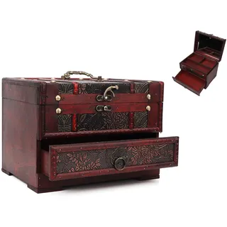 Schmuckschatulle Holz für Damen, Groß Schmuckkästchen 3 Ebenen | mit Spiegel & Schloss, Vintage Schmuckaufbewahrung Box für Ringe Ohrringe Halsketten, Geschenkidee, 20x16x16cm