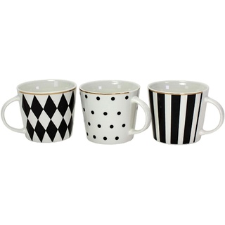 3er Set Porzellan Becher SCHWARZ weiß Service Geschirr Goldrand Kaffee Tasse Mug