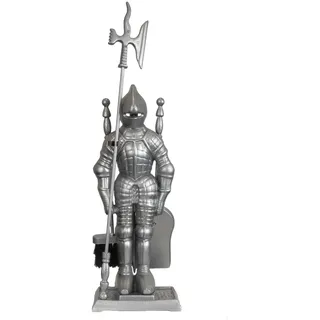 TRUTZHOLM Kaminbesteck Kaminzubehör Ofenbesteck Ritter silber | Kamingarnitur aus Gusseisen, 4 teiliges Kaminset: Schaufel, Besen, Schürhaken und Halter