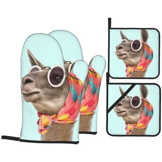 3D Lustiger Esel trägt Brille und Schal, Ofenhandschuhe und Topflappen, 4 Stück, hitzebeständige Küchenhandschuhe, Topflappen, rutschfeste Heißpads zum Kochen, Grillen, Mikrowelle
