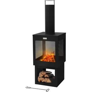 ML-Design Gartenkamin mit Schornstein 128x40 cm eckig, Stahl, Outdoor Gartenofen, Terrassenofen mit Schürhaken, abnehmbarem Dach, Holzablage, Terrassenkamin Feuerschale/Feuerkorb für Garten & Camping