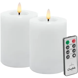 Candela LED Kerzen 2er Set H:10xØ7,5cm Winter weiß glatt Echtwachs mit Fernbedienung Timer Funktion & mehrstufig dimmbar flammenlos Echtwachskerzen Stumpenkerze