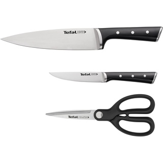 Tefal K232S355 Ice Force 3-teiliges Messerset | Kochmesser | Universalmesser | Küchenschere | Klinge aus deutschem Edelstahl | lang anhaltende Schneidleistung und Schärfe | Edelstahl/Schwarz