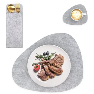 Intirilife 6x Filzunterleger-Set in Grau - Tischdeckchen Gläseruntersetzer Bestecktasche Platzset für Restaurant, und Zuhause,