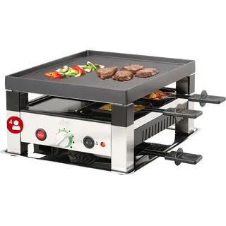 Solis 5in1 Tischgrill, Für 4 Personen | Elektrischer Grill, Indoor Grill mit Raclette- und Mini-Wok-Pfännchen, Elektrogrill für Balkon, Garten und Küche, Edelstahl