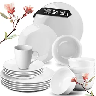Moritz & Moritz Geschirrset 6 Personen mit Kaffeetassen - 24tlg. Geschirr Set aus Porzellan Weiß – Teller Set mit Speiseteller, Dessertteller, Müslischale & Tassen – Serie Basic