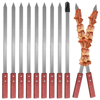 LALAGO 10 Stücke Flache Schaschlikspieße Edelstahl, 59,4cm Adana Spieße, Grillspieße Grill Spieße Extra Lang,Fleischspieße Fleischgabel Metallspieße Grillzubehör für Grillstab, Grillbesteck