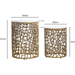 FineBuy 2er Set Couchtisch gold Marmor rund Wohnzimmertisch Beistelltisch Satztisch Alu