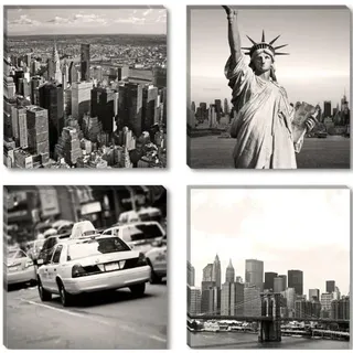 Visario Leinwandbilder New York Skyline Freiheitsstatue Taxi Brooklyn Bridge Set 4x 30x30 cm Gesamt 60x60 cm 6605 Schwarz Weiß Stadt Motiv Wandbilder Wohnzimmer Schlafzimmer Büro Wanddekoration