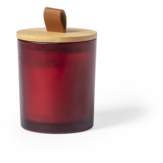 Originelle Duftkerze mit verschiedenen Düften aus Glas, mit Bambusdeckel und Griff aus PU-Leder, in einer Box mit Öko-Design (Rot - Zimt)