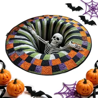 3D Illusion Halloween Teppich Rund, Rutschfester Halloween Teppich Mit | Totenköpfen Und Kürbissen, Lustiger, Gruseliger Deko Teppich Für Die Feiertage, Wiederverwendbarer Teppich Für Den Nachttisch