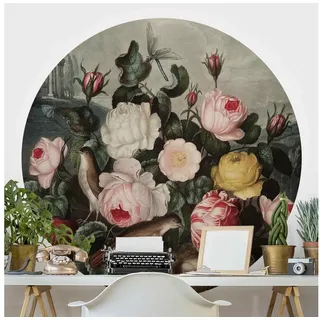 Bilderdepot24 Vliestapete rund Botanik Vintage Illustration Rosen, Glatt, Matt, (Vliestapete selbstklebend), Wohnzimmer Schlafzimmer Küche Wandtattoo Motivtapete Klebe Wandtapete rosa 225 m x 225 m