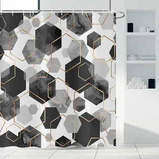 ASDCXZ Schwarz Duschvorhang 180x180 cm, Moderne Abstrakt Kunst Geometrisch Schwarz Gold Grau Hexagon Muster Wasserdicht Badvorhang Polyester Textil Waschbar Duschvorhänge für Badewanne mit 12 Haken