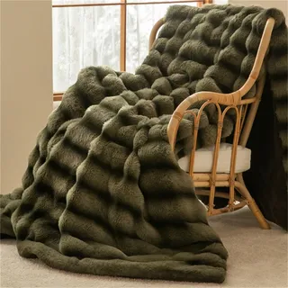 Fouriding Soft Faux Rabbit Fell Wurfdecke, Winter Warmes Flauschiges Faux Streifen Gradientenfarbe Decke für Bettsofa Freizeitdecke Bettdecke Decke (Dunkelgrün, 180×200CM)