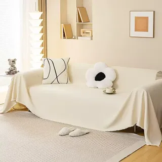 Mesnt Überwurf Sofa Beige, Chenille Sofaüberwurf Decke Couch Einfarbig mit Waffelstruktur und Quaste Beige, 180x300CM