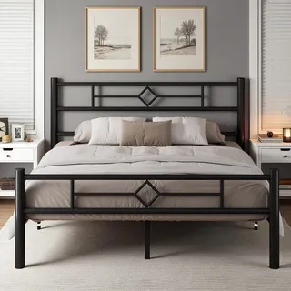 Feonase Metallbett 140x200, Bett 140x200 mit Kopfteil und Fußteil, Bettgestell aus massiver Metall, Unterbettkommode, einfache Montage, Schwarz