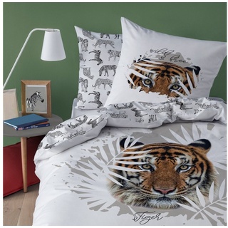 Bettwäsche Tiger Bettwäsche 135x200 + 80x80 cm 2 tlg., 100 % Baumwolle in Renforcé, Wild & Free Safari Bettwäsche-Set für Kinder, Teenager & Erwachsene, MTOnlinehandel weiß