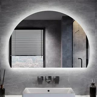 SUNXURY LED Wandspiegel 100x70cm Halbrund | 3 LED Farbtemperaturen einstellbar, Antibeschlag und Touch-Schalter Dekorative Wandspiegel für Badezimmer