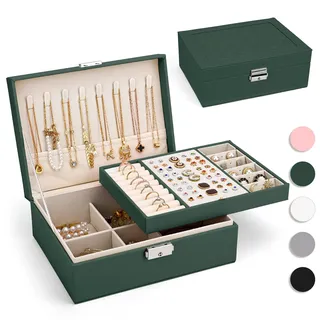 Schmuckkästchen für Damen 2-schichtige Schmuckkoffer PU-leder, Dunkelgrün | Schmuckschatulle Schmuckaufbewahrung, Schmuckbox Reise für Ringe, Ohrringe, Armbänder, Ketten für Frauen