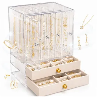 ibettertec Make-Up Organizer Schmuckkasten Groß, Schmuckkoffer mit Glasfenster für Damen, Set, Transparentes Material, Praktisches aufgeteiltes Innenlayout