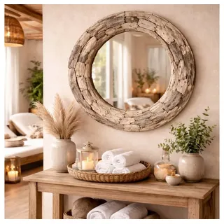 LebensWohnArt Wandspiegel Unikat Spiegel MOSAIK 80cm rund Treibholz grau-braun Massivholz