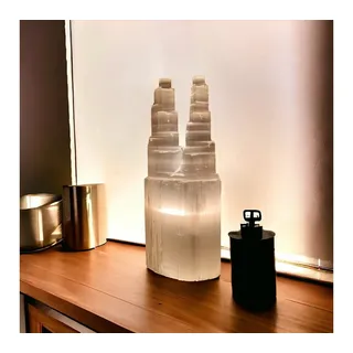Landster Nachttischlampe Selenite Turm Lampe Zwillingsturm tischleuchte Kristall Tischlampe 35 cm