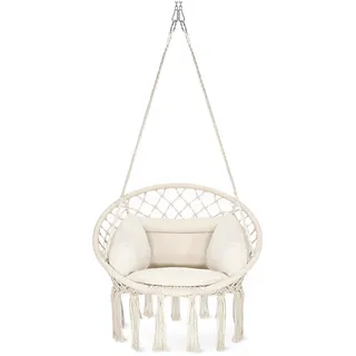 4FIZJO Hängesessel Boho mit Kissen, Makramee hängesessel, Garten schaukel, Hängekorb, Schaukelkorb, Therapieschaukel Kinder, Hängesessel Indoor & Outdoor, Hängesitz, Maximale Belastung 125 kg, Beige
