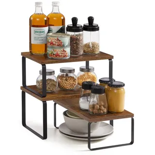 SONGMICS Gewürzregal Küchen-Organizer, Küchenregal, Schrank-Organizer Küche, kleines Regal, 3-tlg., erweiterbar, stapelbar, Metall und Holzwerkstoff braun|schwarz