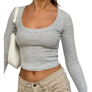 shownicer Damen Rückenfrei T-Shirt Y2K Langarm Crop Top Sexy Rücken Oberteile Y2K Party Cropped Tee Shirts Teenage Aesthetic Mädchen Outfits Rundhals Langarmshirt Streetwear