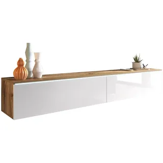P & B Lowboard D180, Eiche Wotan, Weiß Hochglanz, Kunststoff, 180x30x33 cm, Fsc, Made in EU, stehend, hängend, Beleuchtung, in verschiedenen Holzdekoren erhältlich, Wohnzimmer, Wohnwände, Lowboards, Lowboards stehend