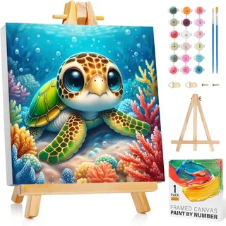 Malen Nach Zahlen Kinder ab 5 6 7 8 9 mit Rahmen-Meeresschildkröte Malen Nach Zahlen ab 5 6 7 8 9 10 Jahre Mädchen, Diy Acrylfarbe Paint by Numbers Tiere für Anfänger für Home Décor(20x20cm)