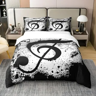 Loussiesd Musik Noten Bettwäsche Rock Musik Thema Musikmuster 100% Baumwolle Bettwäsche Set 220x240cm für Kinder Erwachsene Grunge Design Bettwäsche Ultra Weich Schwarz Weiß Bettbezug Set