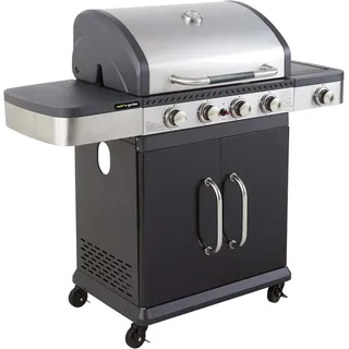 Cook'in Garden FIDGI 4 - Gasgrill 4 Brenner 14,5 kW mit Plancha, Grillrost & Seitenkocher, BBQ Gasgrill mit Thermometer, Gusseisen, Fettauffangsystem, für 10 Personen, Garten & Terrasse