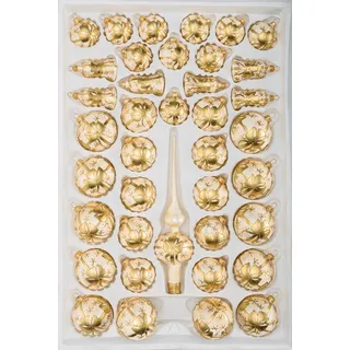 TESTEL T 39 TLG. Glas-Weihnachtskugeln Set in Ice Champagner Goldene Schleife- Christbaumkugeln - Weihnachtsschmuck-Christbaumschmuck
