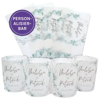 FEENSTAUB Tischdeko Hochzeit, Eukalyptus 4er Set Windlicht-hüllen aus Transparentpapier personalisierbar Brautpaar Namen und Datum, Hochzeitsdeko Tisch, Teelichthülle, Tischschmuck, Tafeldeko Hochzeit