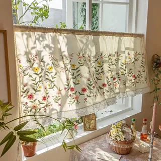 Devola Scheibengardinen Landhausstil Leinen Kurzgardine mit Blumen Stickerei Bistrogardine Blickdicht Vintage Gardine Frühling Küche Fenstergardinen mit Häkelspitze HxB 50x90cm Rosa 1 Stück