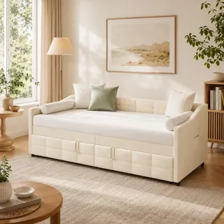 Quiaviank Schlafsofa 90x200cm mit Ausziehbarem Bett, Schlafcouch Ausziehbar Einzelbett mit Samtstoff, Tagesbett mit Lattenrost für Wohnzimmer, Schlafzimmer, Ohne Matratze, Beige