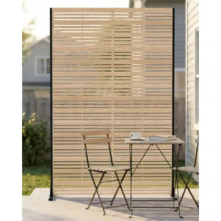 Metallprivatsschirm 183x120 cm, erhöhter Sichtschutzzaun, freistehender Balkonsichtschutz ohne Bohren, wetterfest für Innen Außen Terrasse Garten Veranda (Holzoptik)