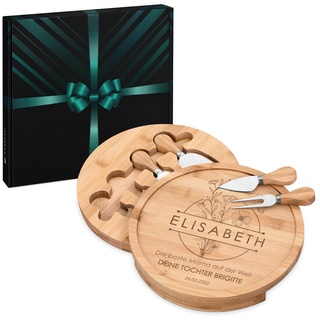 Maverton Käsebrett Servierplatte mit Gravur + 4er Käsemesser Set - aus Holz - Durchmesser: 25cm - Geschenke für Frauen zum Geburtstag - Blumen
