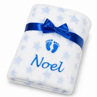 BotoBaby® Babydecke mit Namen Weiß Blaue Sterne – personalisierte Kuscheldecke Bestickt, Geschenk zur Geburt Taufe Babyparty (Weiss - Blau)