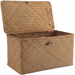 Qusedwey Handgemachte Stroh Gewebt Ablage Korb mit Deckel Make Up Veranstalter Aufbewahrung Box Algen WäSche KöRbe Rattan Schmuck Schatulle (M)